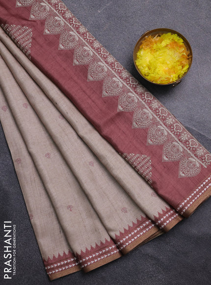 Art tussar saree beige and pastel maroon with embroidery buttas and temple design thread woven border