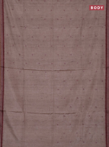 Art tussar saree beige and pastel maroon with embroidery buttas and temple design thread woven border
