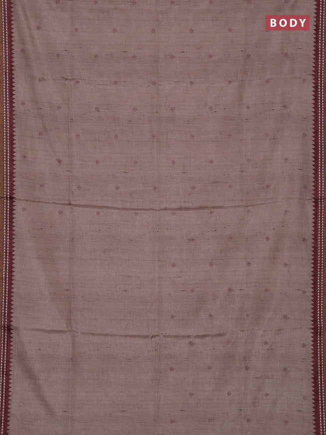 Art tussar saree beige and pastel maroon with embroidery buttas and temple design thread woven border