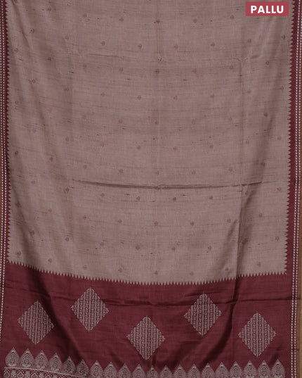 Art tussar saree beige and pastel maroon with embroidery buttas and temple design thread woven border