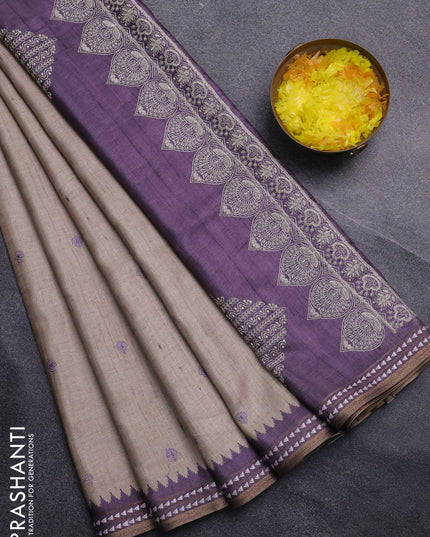 Art tussar saree beige and pastel purple with embroidery buttas and temple design thread woven border