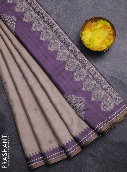 Art tussar saree beige and pastel purple with embroidery buttas and temple design thread woven border