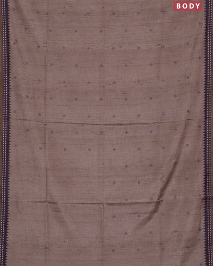 Art tussar saree beige and pastel purple with embroidery buttas and temple design thread woven border
