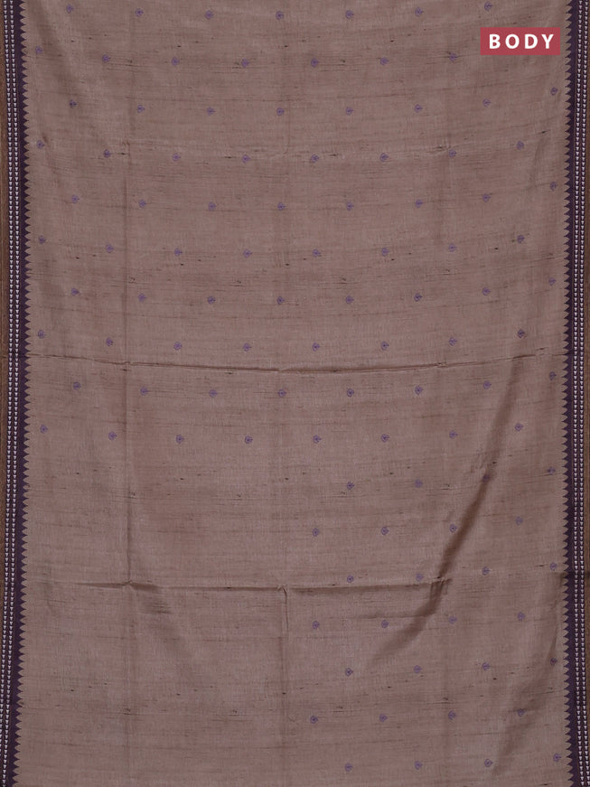 Art tussar saree beige and pastel purple with embroidery buttas and temple design thread woven border