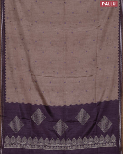 Art tussar saree beige and pastel purple with embroidery buttas and temple design thread woven border