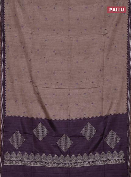 Art tussar saree beige and pastel purple with embroidery buttas and temple design thread woven border