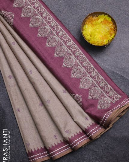 Art tussar saree beige and wine shade with embroidery buttas and temple design thread woven border