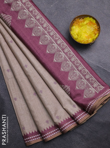 Art tussar saree beige and wine shade with embroidery buttas and temple design thread woven border