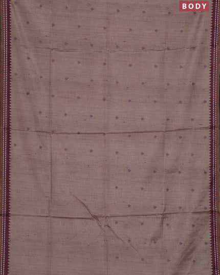 Art tussar saree beige and wine shade with embroidery buttas and temple design thread woven border