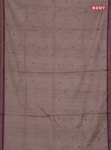 Art tussar saree beige and wine shade with embroidery buttas and temple design thread woven border