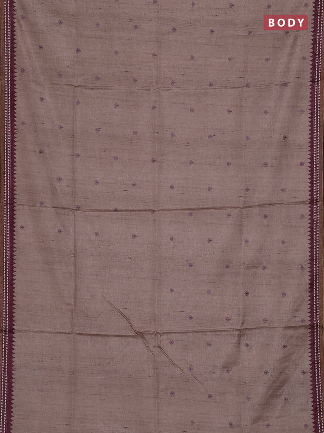 Art tussar saree beige and wine shade with embroidery buttas and temple design thread woven border