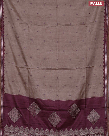 Art tussar saree beige and wine shade with embroidery buttas and temple design thread woven border