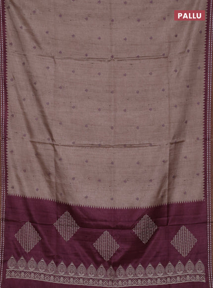 Art tussar saree beige and wine shade with embroidery buttas and temple design thread woven border