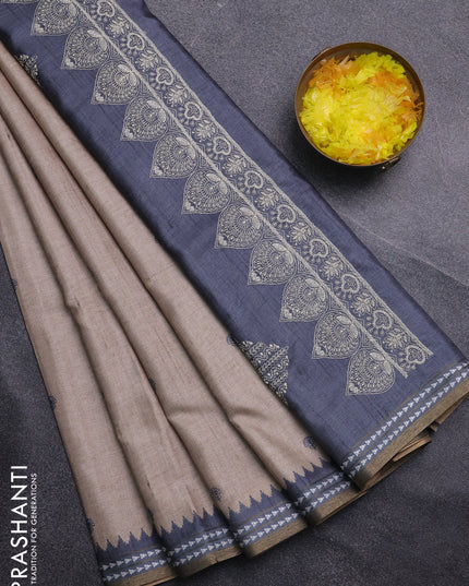 Art tussar saree beige and grey with embroidery buttas and temple design thread woven border
