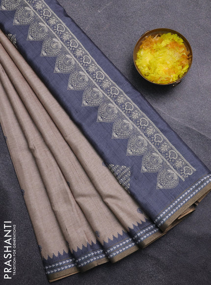 Art tussar saree beige and grey with embroidery buttas and temple design thread woven border