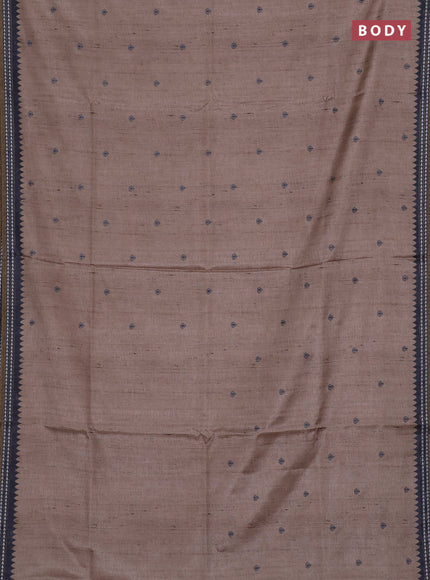 Art tussar saree beige and grey with embroidery buttas and temple design thread woven border
