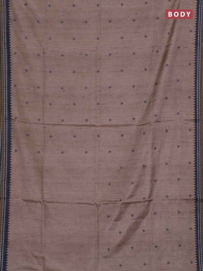 Art tussar saree beige and grey with embroidery buttas and temple design thread woven border