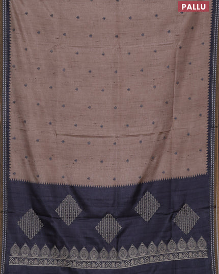 Art tussar saree beige and grey with embroidery buttas and temple design thread woven border