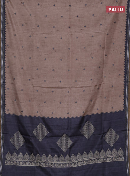 Art tussar saree beige and grey with embroidery buttas and temple design thread woven border