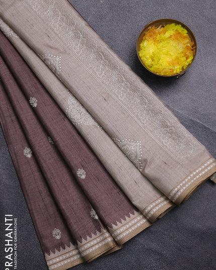 Art tussar saree brown and beige with embroidery buttas and temple design thread woven border