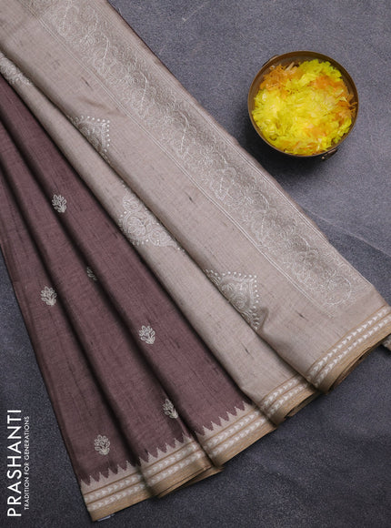 Art tussar saree brown and beige with embroidery buttas and temple design thread woven border