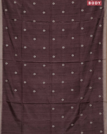 Art tussar saree brown and beige with embroidery buttas and temple design thread woven border