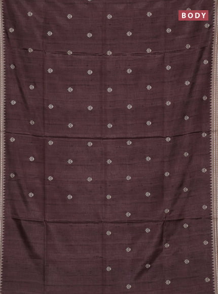 Art tussar saree brown and beige with embroidery buttas and temple design thread woven border