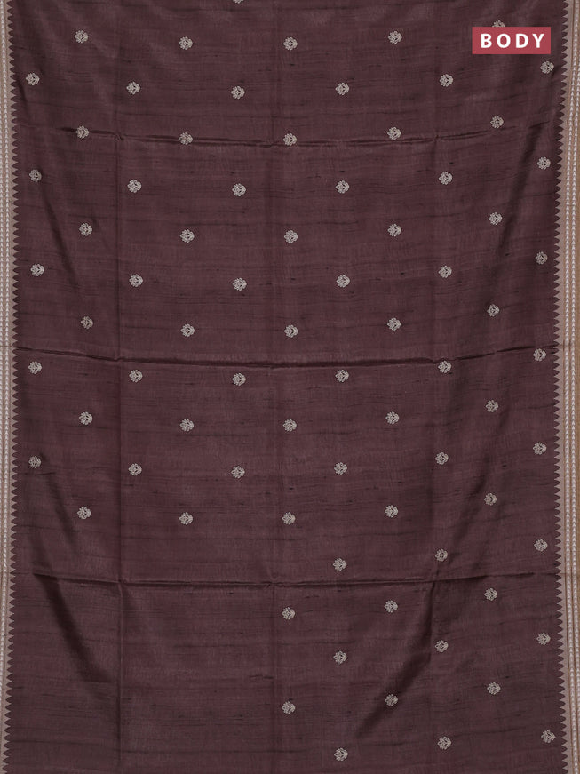 Art tussar saree brown and beige with embroidery buttas and temple design thread woven border