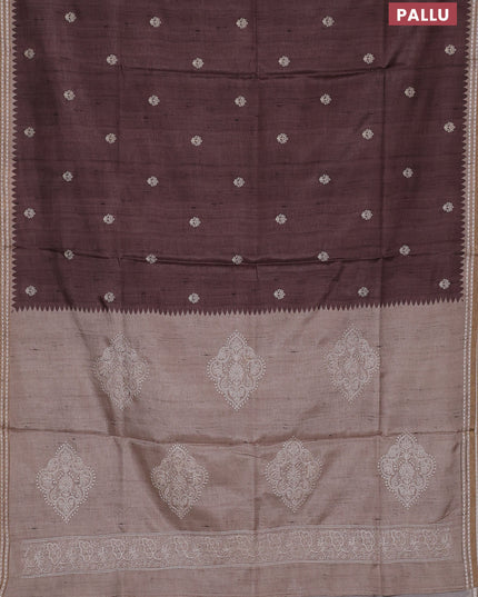 Art tussar saree brown and beige with embroidery buttas and temple design thread woven border