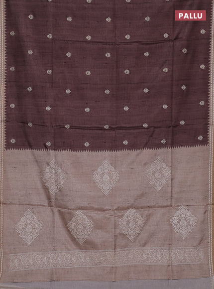 Art tussar saree brown and beige with embroidery buttas and temple design thread woven border