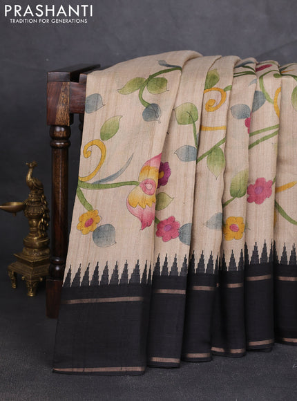 Pure tussar silk saree beige and black with allover kalamkari hand painted prints and temple design rettapet zari woven border