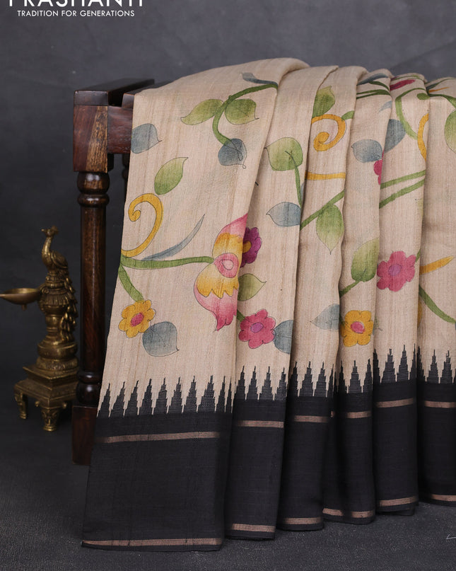 Pure tussar silk saree beige and black with allover kalamkari hand painted prints and temple design rettapet zari woven border