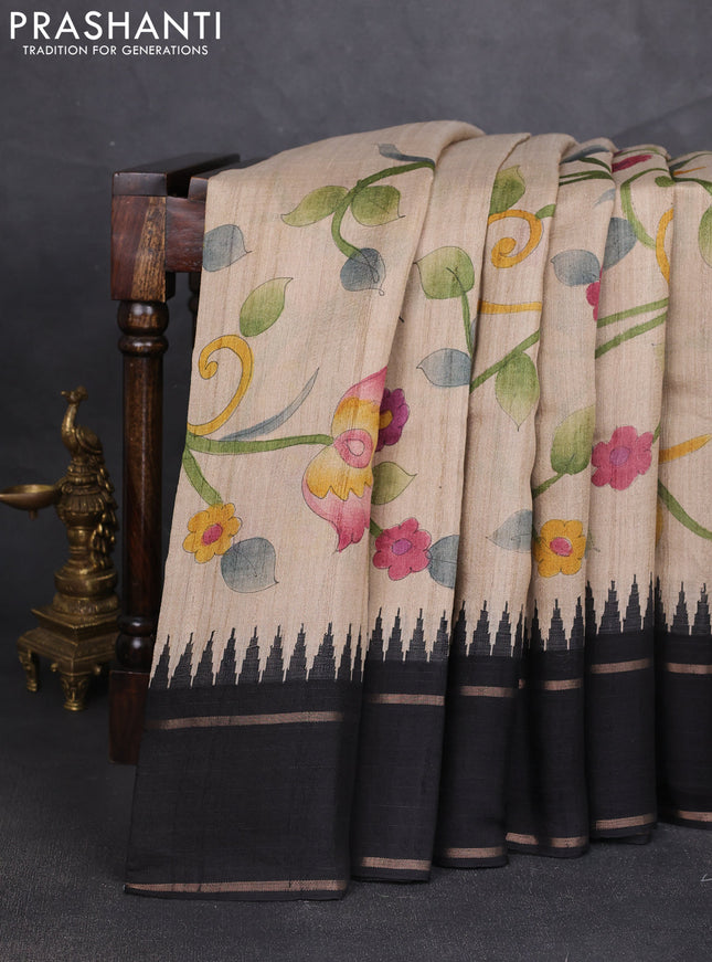 Pure tussar silk saree beige and black with allover kalamkari hand painted prints and temple design rettapet zari woven border