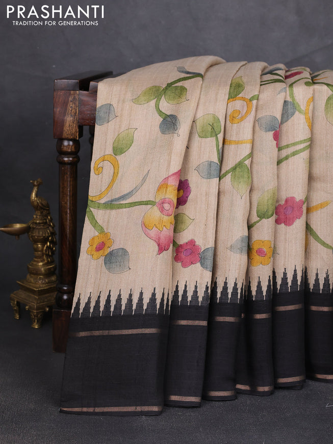Pure tussar silk saree beige and black with allover kalamkari hand painted prints and temple design rettapet zari woven border