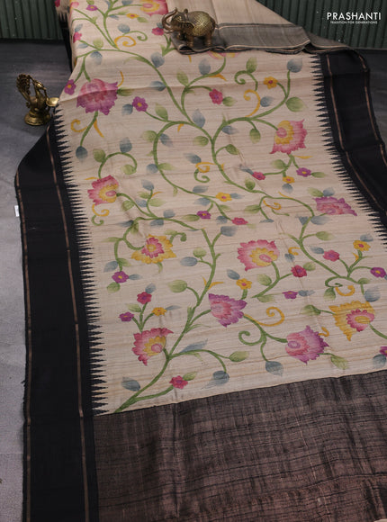 Pure tussar silk saree beige and black with allover kalamkari hand painted prints and temple design rettapet zari woven border