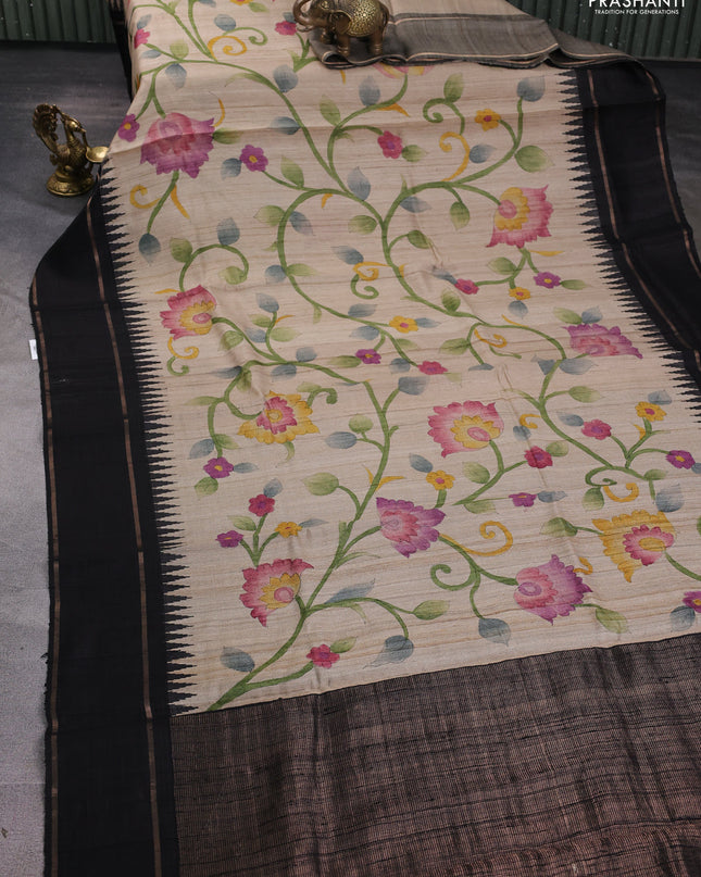 Pure tussar silk saree beige and black with allover kalamkari hand painted prints and temple design rettapet zari woven border