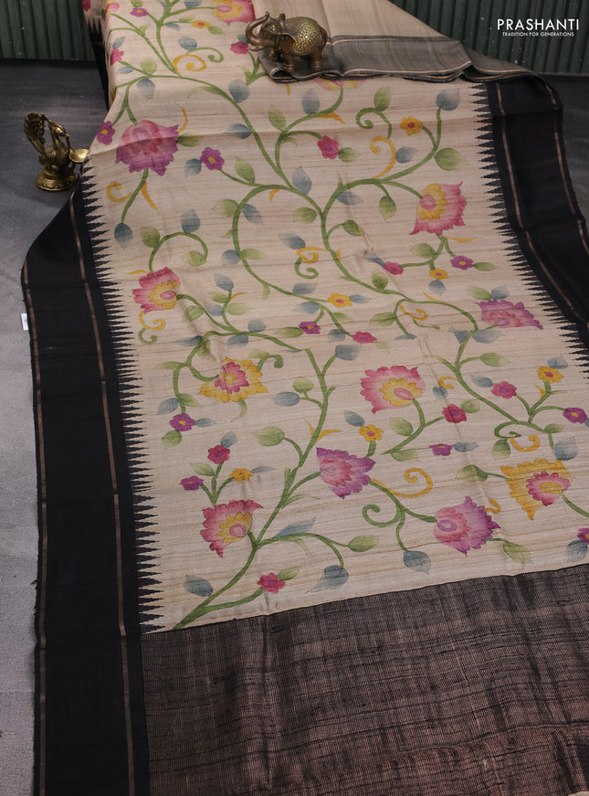 Pure tussar silk saree beige and black with allover kalamkari hand painted prints and temple design rettapet zari woven border