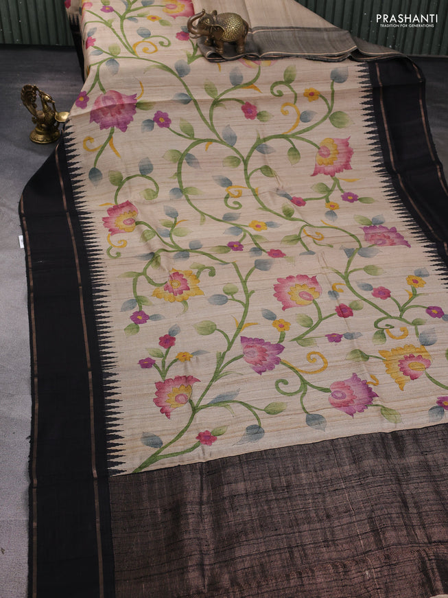 Pure tussar silk saree beige and black with allover kalamkari hand painted prints and temple design rettapet zari woven border