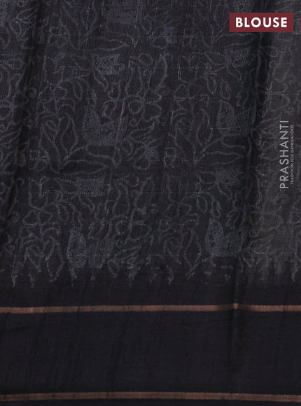 Pure tussar silk saree beige and black with allover kalamkari hand painted prints and temple design rettapet zari woven border