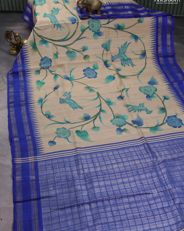 Pure tussar silk saree beige and royal blue with allover kalamkari hand painted prints and temple design rettatpet zari woven border