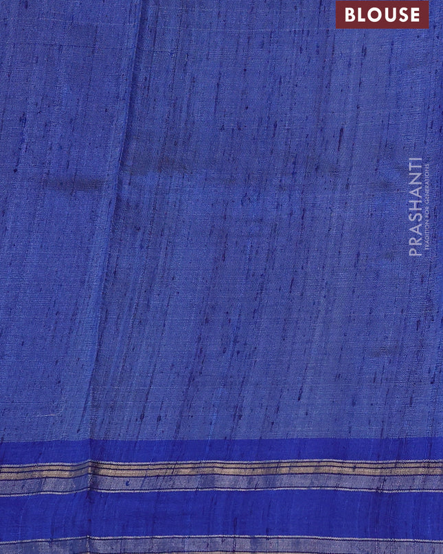 Pure tussar silk saree beige and royal blue with allover kalamkari hand painted prints and temple design rettatpet zari woven border