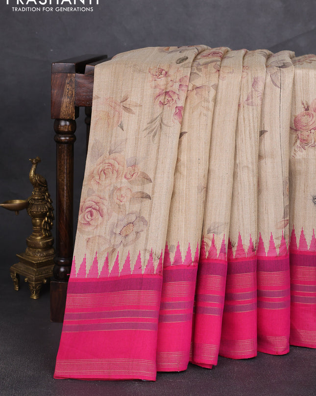 Pure tussar silk saree beige and pink with allover floral prints and temple design rettapet zari woven border