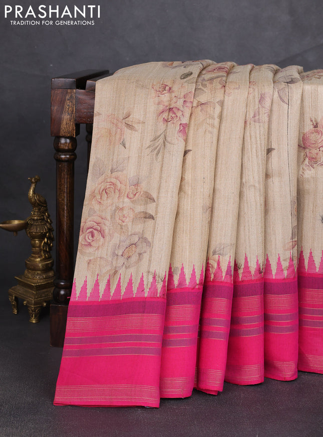 Pure tussar silk saree beige and pink with allover floral prints and temple design rettapet zari woven border