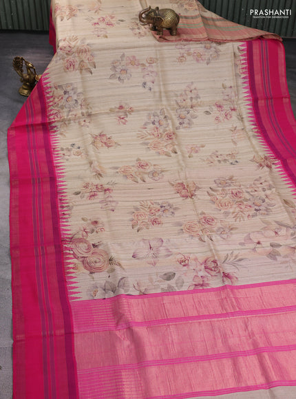 Pure tussar silk saree beige and pink with allover floral prints and temple design rettapet zari woven border