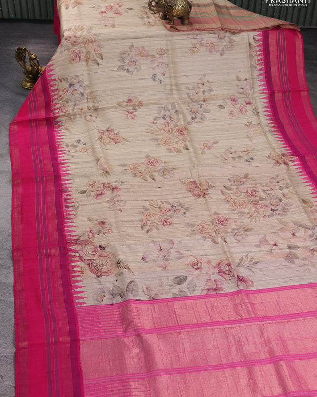 Pure tussar silk saree beige and pink with allover floral prints and temple design rettapet zari woven border