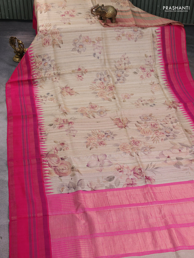 Pure tussar silk saree beige and pink with allover floral prints and temple design rettapet zari woven border