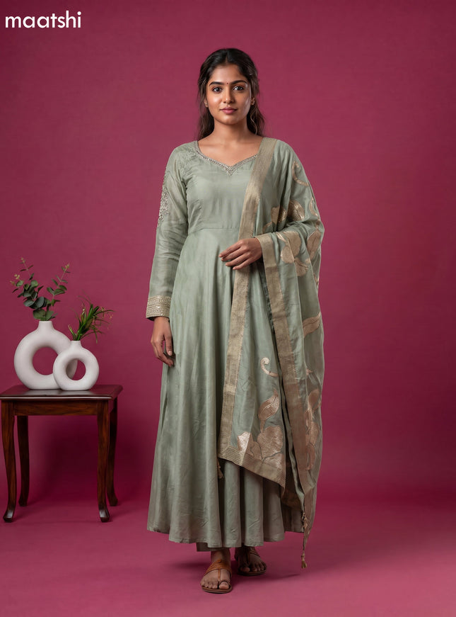 Pastel Green Tissue Printed & Embroidery Work Party Wear
