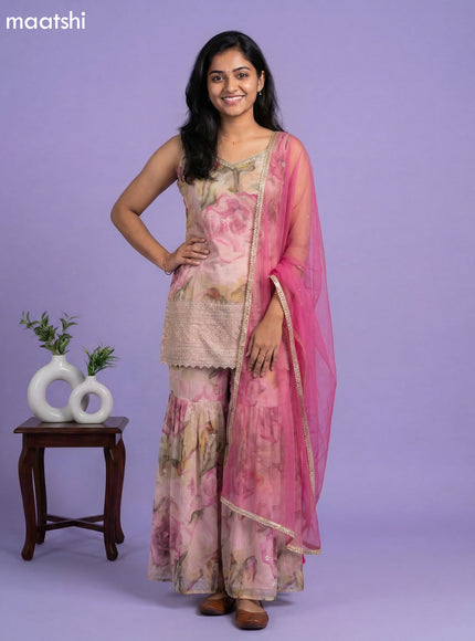 Beige and Pink Tissue Floral Printed Embroidery Work & With Sleeve Attached Short Suit