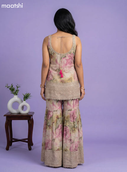 Beige and Pink Tissue Floral Printed Embroidery Work & With Sleeve Attached Short Suit