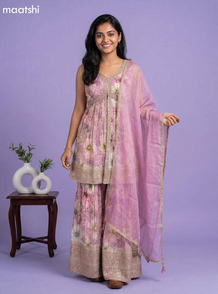 Pastel Pink Tissue Floral Printed Embroidery Work & With Sleeve Attached Short Suit